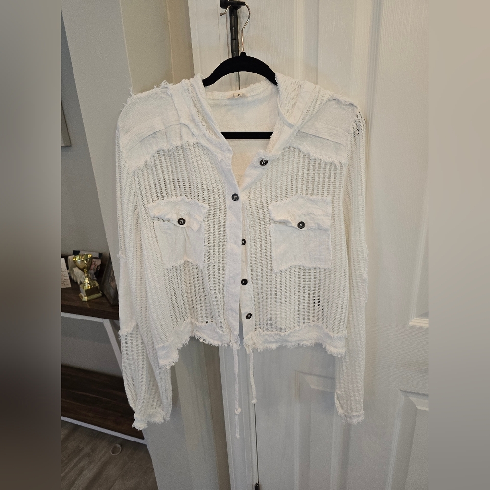 White Distressed Button-Up Jacket